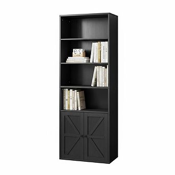 Tall Industrial and Farmhouse Style Bookcase, Space-Saving Shelf with Storage Cabinet
