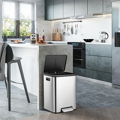Dual Trash and Recycling Bin, Pedal Stainless Steel Trash Can with Removable Liner Buckets