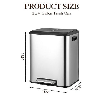 Dual Trash and Recycling Bin, Pedal Stainless Steel Trash Can with Removable Liner Buckets