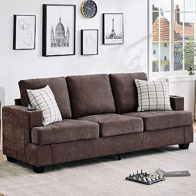 Modern 89" Chenille 3-Seater Sofa with Cup Holders and Side Storage Pockets