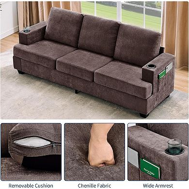 Modern 89" Chenille 3-Seater Sofa with Cup Holders and Side Storage Pockets