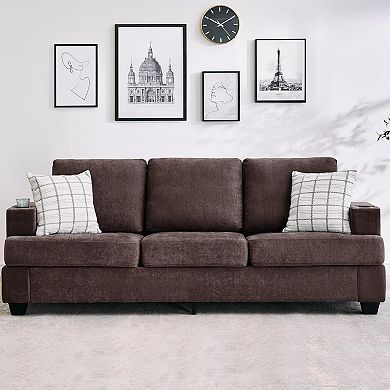 Modern 89" Chenille 3-Seater Sofa with Cup Holders and Side Storage Pockets