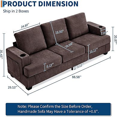 Modern 89" Chenille 3-Seater Sofa with Cup Holders and Side Storage Pockets