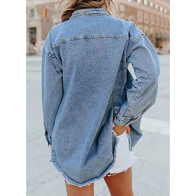 Womens Button Down Denim Jacket Long Sleeve Casual Drop Shoulder Frayed Jean Shacket with Pockets