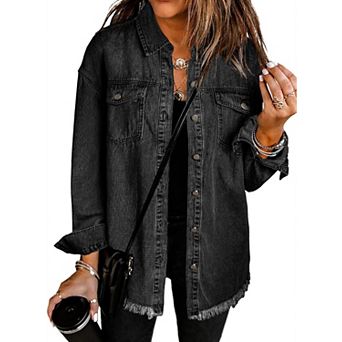 Womens Button Down Denim Jacket Long Sleeve Casual Drop Shoulder Frayed Jean Shacket with Pockets