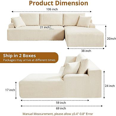 106" Beige L-Shaped Cloud Sofa, 4-Seat Right Chaise Memory Foam Modular Couch