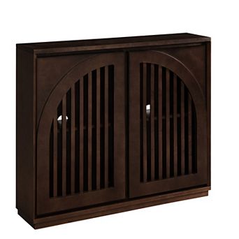 Mid Century Modern Fluted Sideboard Cabinet with 2 Outlet Holes, Dark Walnut
