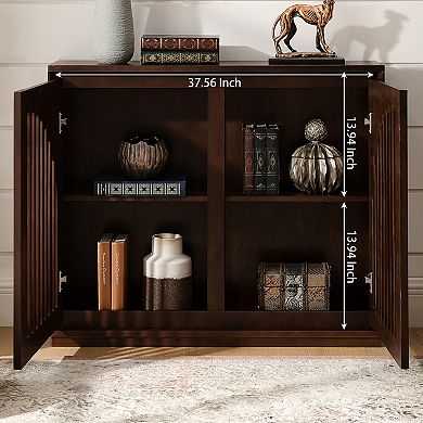Mid Century Modern Fluted Sideboard Cabinet with 2 Outlet Holes, Dark Walnut