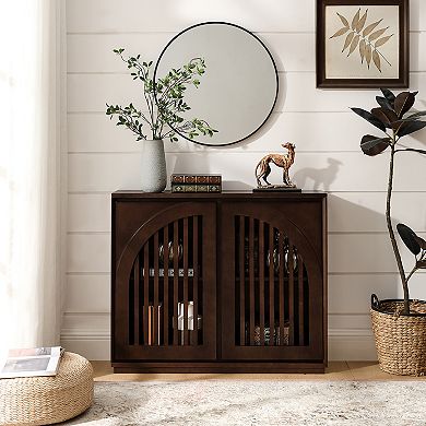 Mid Century Modern Fluted Sideboard Cabinet with 2 Outlet Holes, Dark Walnut