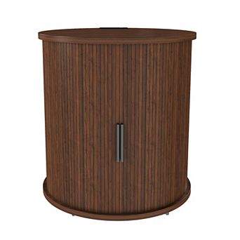 Mid Century Modern Cylinder End Table with Built-in Charging Station, Walnut