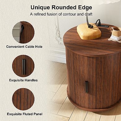 Mid Century Modern Cylinder End Table with Built-in Charging Station, Walnut
