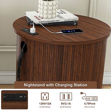 Mid Century Modern Cylinder End Table with Built-in Charging Station, Walnut