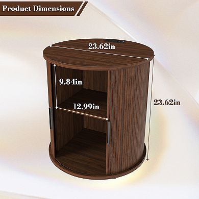Mid Century Modern Cylinder End Table with Built-in Charging Station, Walnut