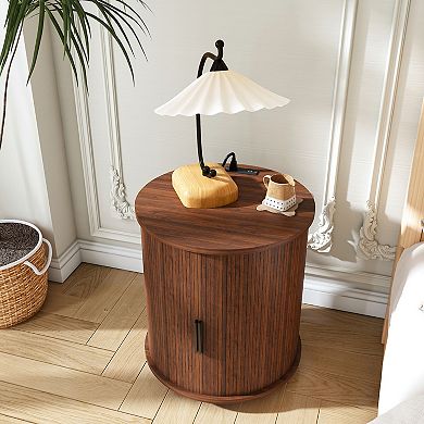 Mid Century Modern Cylinder End Table with Built-in Charging Station, Walnut
