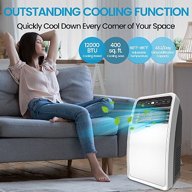 12,000 BTU Portable Air Conditioner Cools up to 400 sq. ft. 3-Fan Speeds and Remote