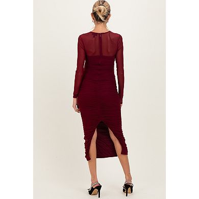 Maternity Mesh Ruched Long Sleeve Midi Dress