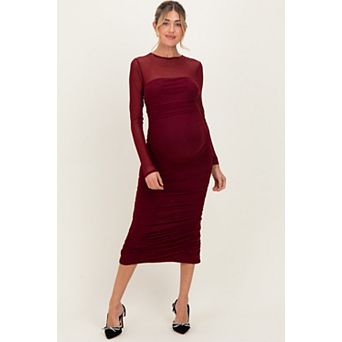 Maternity Mesh Ruched Long Sleeve Midi Dress