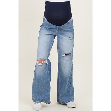 Maternity Distressed Open Knee Baggy Wide Leg Maternity Jeans