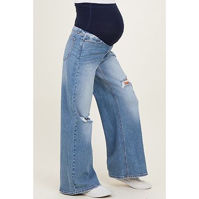 Maternity Distressed Open Knee Baggy Wide Leg Maternity Jeans