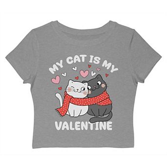 Juniors' My Cat Is My Valentine Cropped Graphic Tee