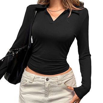 Women's Slim Fit V-Neck Shirt Collar Top Long Sleeve Base Layer Casual Versatile Daily Shirts