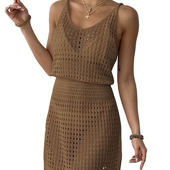 Women's Crochet Hollow-Out Sling Dress Elasticated Waist Versatile Beach Cover-Up for Summer