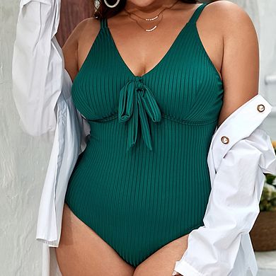 Women's Ribbed One-Piece Bikini Swimsuit Adjustable Straps Front Tie Slimming Bathing Suit