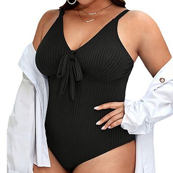 Women's Ribbed One-Piece Bikini Swimsuit Adjustable Straps Front Tie Slimming Bathing Suit