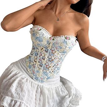 Women's Spicy Girl Y2K Back Tie Crop Top Cutout Back Embroidered Ruffle Tube Camisole