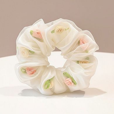 2pcs Sheer Organza Scrunchie with Embroidered Mini Roses and Soft Layered Design
