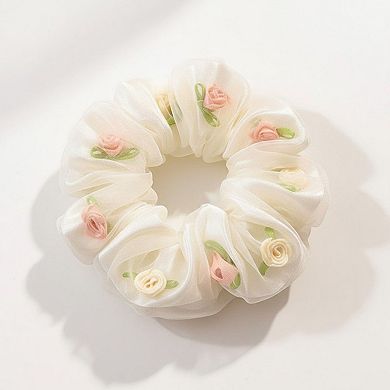 2pcs Sheer Organza Scrunchie with Embroidered Mini Roses and Soft Layered Design