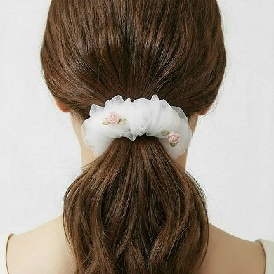 2pcs Sheer Organza Scrunchie with Embroidered Mini Roses and Soft Layered Design