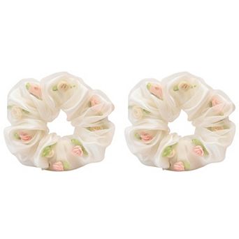 2 pc Sheer Organza Scrunchie with Embroidered Mini Roses and Soft Layered Design