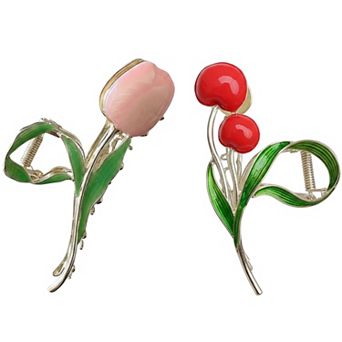 2 pc Tulip Flower Metal Hair Claw Clip with Enamel Petal and Leaf Detailing