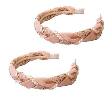 2 pc Twisted Floral Fabric Headband with Pearl Embellishment and Knotted Design