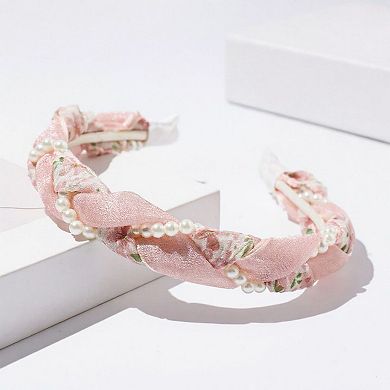 2pcs Twisted Floral Fabric Headband with Pearl Embellishment and Knotted Design