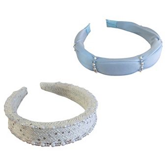 2 pc Women's Padded Satin Fashion Headband with Pearl Design and Crystal Bead Embellishments