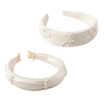 2 pc Women's Padded Satin Fashion Headband with Pearl Design and Crystal Bead Embellishments