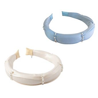 2 pc Women's Padded Satin Fashion Headband with Pearl Design and Crystal Bead Embellishments