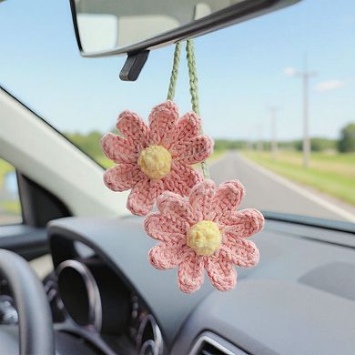 2pcs Crochet Daisy Car Mirror Hanging Decoration with Dual Flower Design