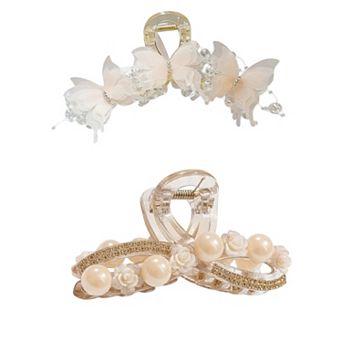 Beaded Flower Metal Hair Claw Clip with Curved Design and Textured Accents