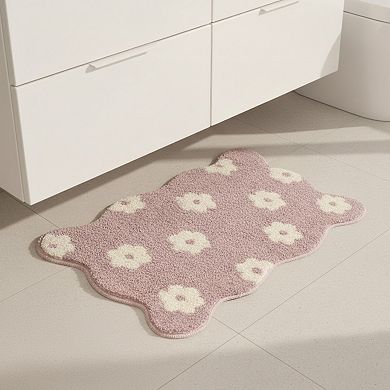 Floral Scalloped Bathroom Floor Mat Soft Absorbent with Non Slip Backing