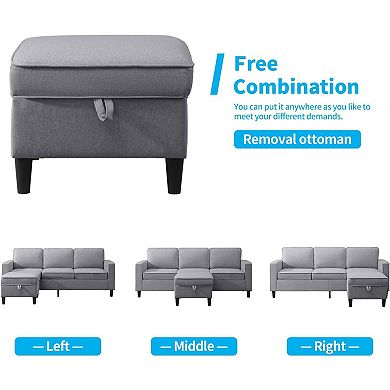 78" Sectional Sofa Couch with Reversible Storage Ottoman for Living Room