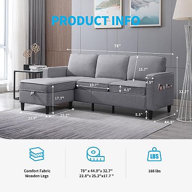 78" Sectional Sofa Couch with Reversible Storage Ottoman for Living Room