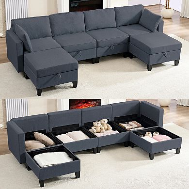 6 Seater U Shaped Sectional Couch with Movable Ottoman