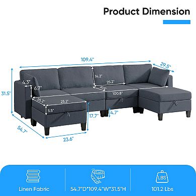 6 Seater U Shaped Sectional Couch with Movable Ottoman