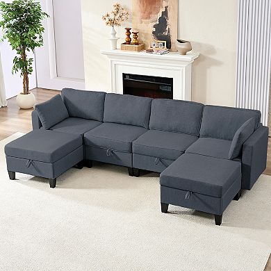 6 Seater U Shaped Sectional Couch with Movable Ottoman