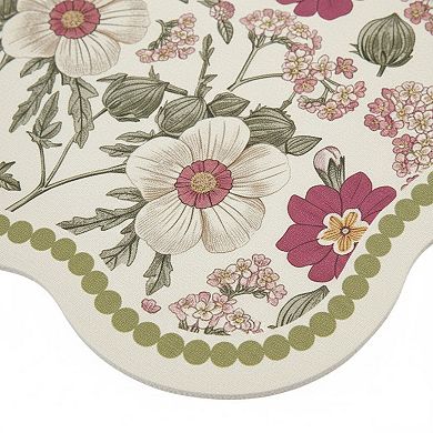 Floral Vine Pattern Scalloped Bathroom Floor Mat Soft Absorbent with Non Slip Backing