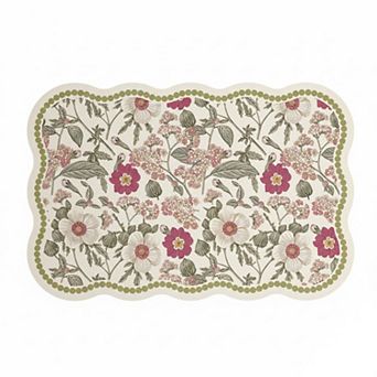 Floral Vine Pattern Scalloped Bathroom Floor Mat Soft Absorbent with Non Slip Backing