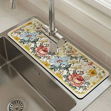 Floral Kitchen Sink Faucet Splash Guard Mat with Absorbent Surface 2 Pack Set